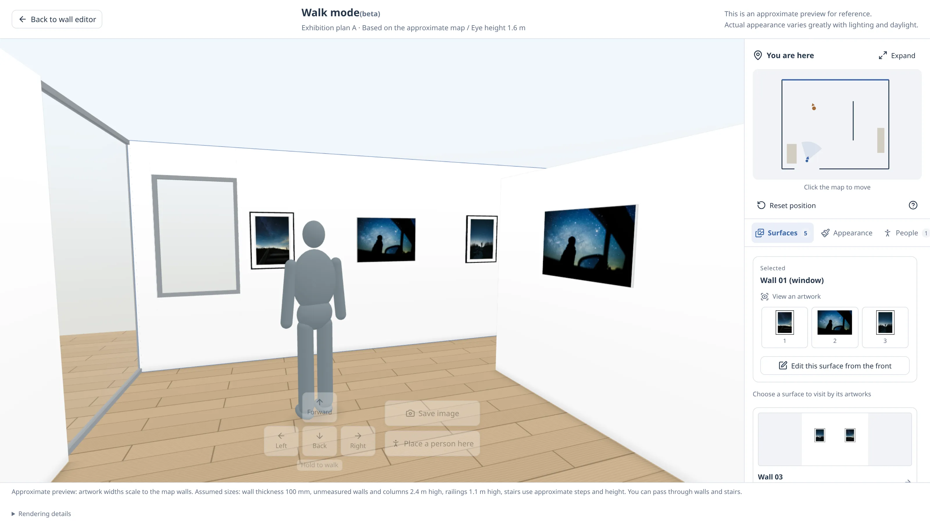 Walk mode near the entrance of the same gallery, showing the three photos on Wall 01, the central movable wall, a window, a glass wall, and a person for scale