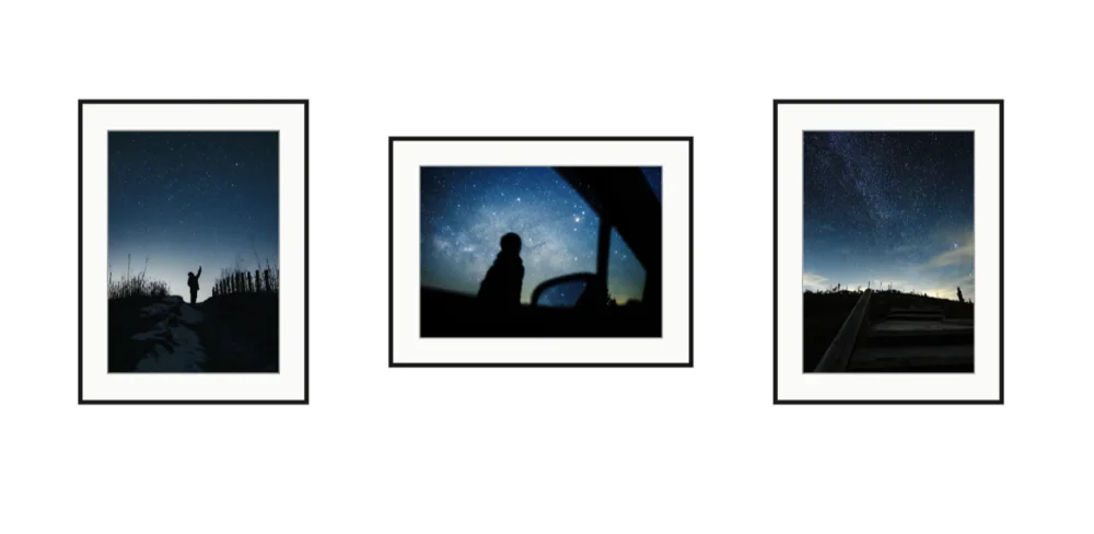 Layout screen with three framed photos aligned on a center line on a real-scale wall